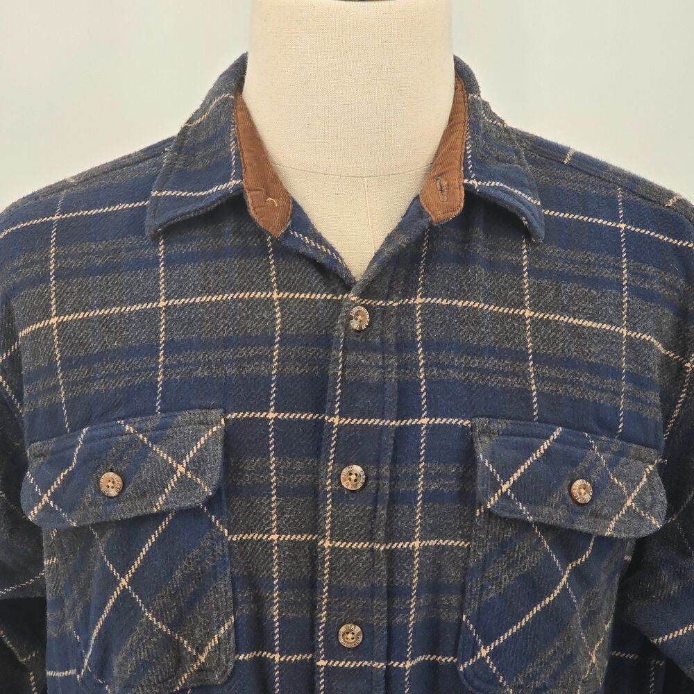 Vintage Field & Stream Heavyweight Flannel Shirt Mens L Gray Plaid Double Pocket